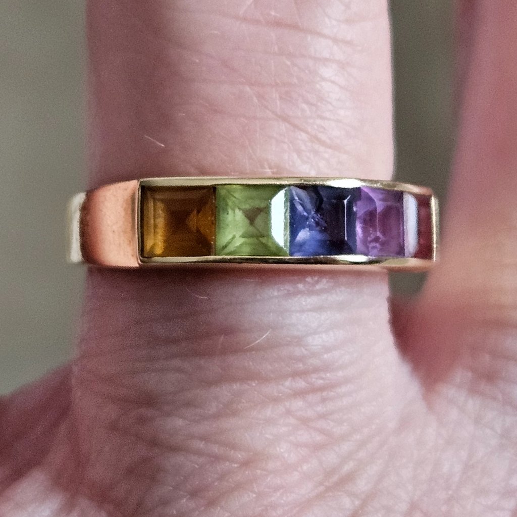 Rare Vintage Estate Mayors Birks 14k Princess Square Multi Gemstone Ring Band — image 2 of 8